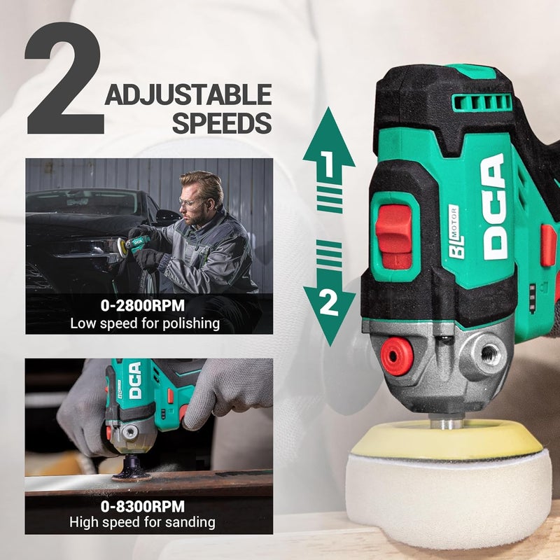 DCA 12V Cordless Buffer Polisher, 3" Brushless Mini Car Polisher & 2" Sander Machine Kit with 2x 2.0Ah Batteries, 2 Variable Speed 2800-8300RPM for Car Detailing Polishing/Buffing/Sanding/Waxing - Image 3